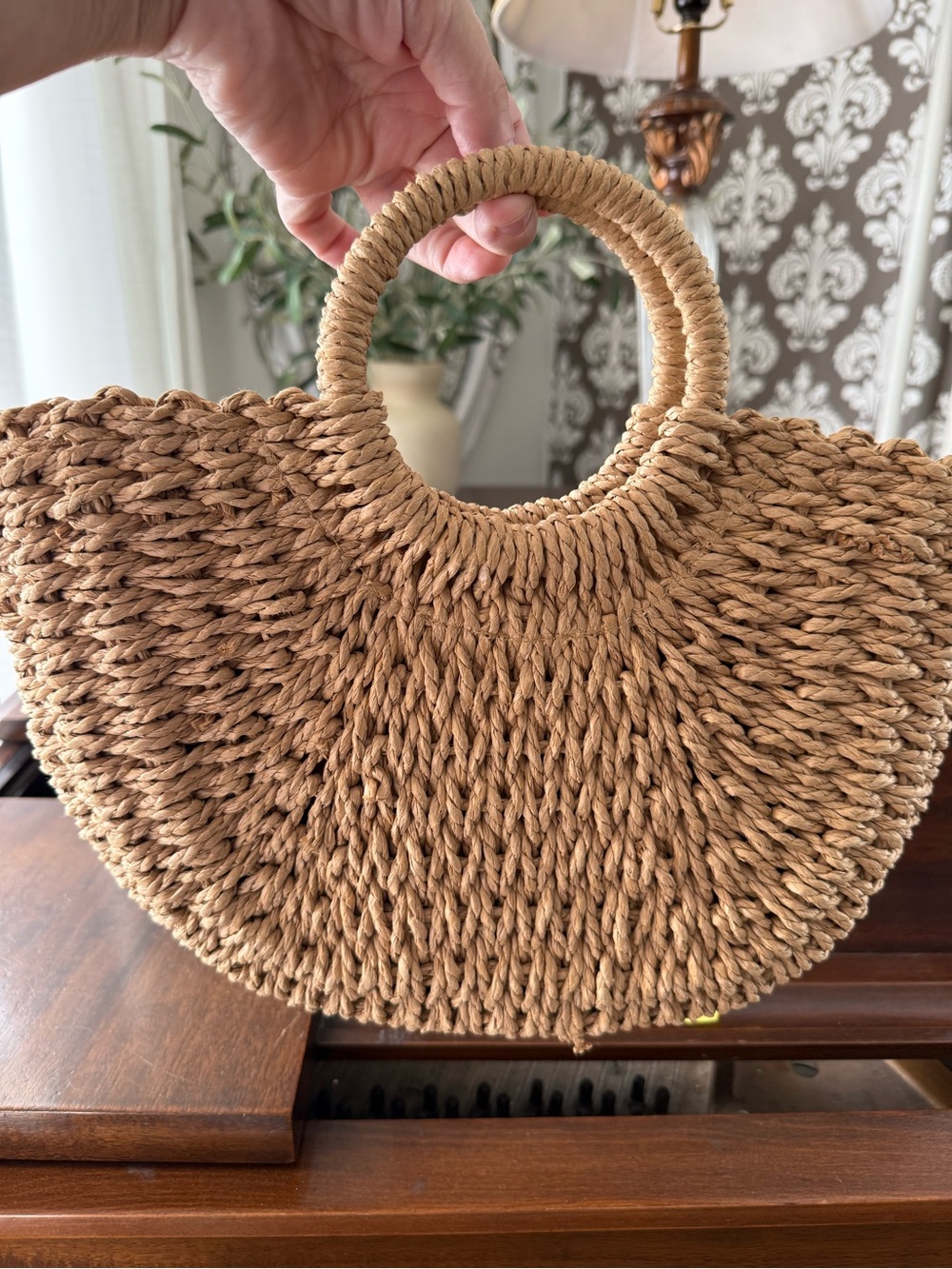 Natural Half Moon Straw Woven Circle Handle Tote Bag Tan Preppy Old Money